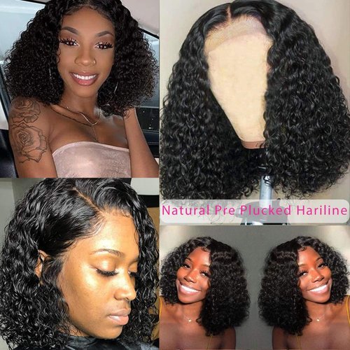 ISEE Hair Lace Front Wigs Human Hair Short Bob Wigs For Black Women Brazilian Kinky Curly Wavy 4x4 Lace Closure Wigs Pre Plucked with Baby Hair 150% Density (14inch)