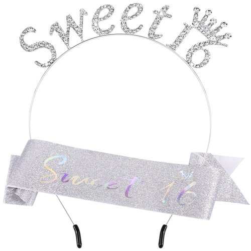 SuPoo Silver 16th Birthday Crown and Sash Sweet 16 Tiara Headband 16th Birthday Decorations for Girls Sweet 16 Sash Happy Sixteen Party Decorations Party Favors Birthday Girl Headband