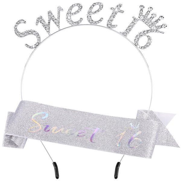 SuPoo Silver 16th Birthday Crown and Sash Sweet 16 Tiara Headband 16th Birthday Decorations for Girls Sweet 16 Sash Happy Sixteen Party Decorations Party Favors Birthday Girl Headband