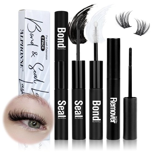 Lash Bond and Seal and Remover Kit, Long-lasting Bond and Seal Lash Glue 10ml with Eyelash Remover 5ml for Lash Clusters Quick Removal, 3 in 1 Lash Glue Cleanser Set for At Home DIY Eyelash Extensions