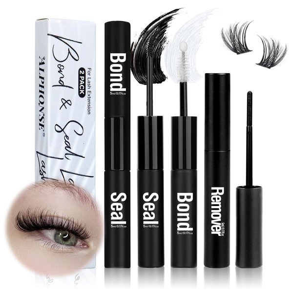 Lash Bond and Seal and Remover Kit, Long-lasting Bond and Seal Lash Glue 10ml with Eyelash Remover 5ml for Lash Clusters Quick Removal, 3 in 1 Lash Glue Cleanser Set for At Home DIY Eyelash Extensions