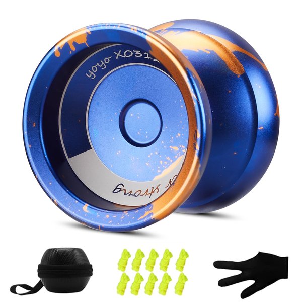YOYOSTUDIO Yoyo Professional Unresponsive Yo Yo for Kids 8-12, Fingerspin Yoyo for Adults Kids Beginners, Metal Trick Yoyo, Pro Yo-Yo with 10 Strings, Yoyo Case and Gloves Blue and Orange