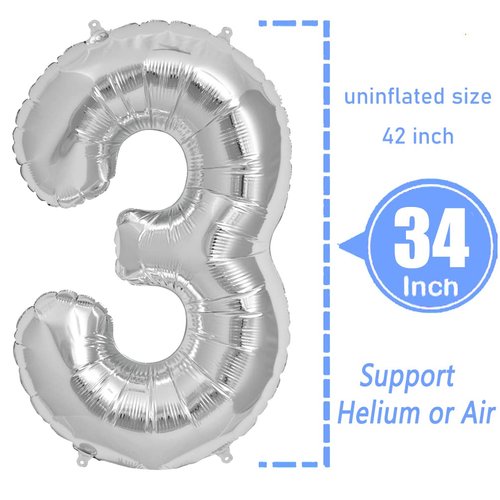 FINGCRO Silver Foil Balloons Number 3, 42 inch