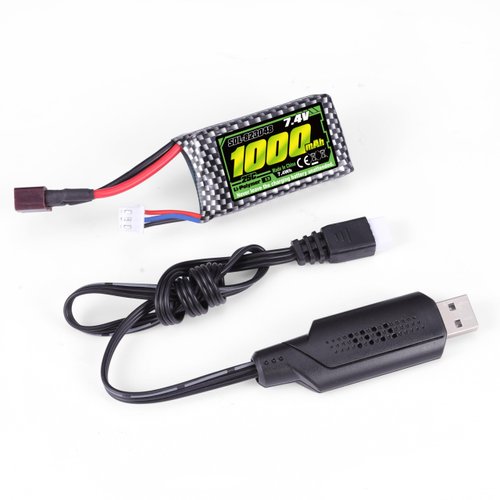 HAIBOXING RC Car Spare Parts, 7.4V 1000mAh Li-PO Rechargeable Battery Apply for 18859 & 18858 &18868 & 18859A & 2196 & 2197 &16889 2pcs T Plug Batteries with USB Charger(M16150) (SDL-M16150)
