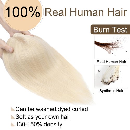 SEGO Hair Toppers for Women Real Human Hair No Bangs 130% Density 10 * 12CM Silk Base 100% Remy Human Hair Clip in Top Wiglet Hair Pieces for Thinning Hair-10 Inch Platinum Blonde