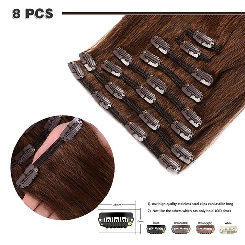 18" Remy Clip in Hair Extensions Human Hair Brown for Women Beauty - Long Silky Straight 8pcs 20clips Real Hair Extensions Clip In Human Hair (18 inch 100g #4 Medium Brown)