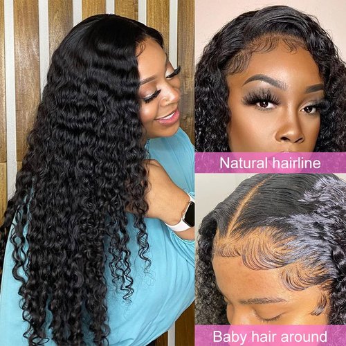 Adronitie 13x6 Deep Wave Lace Front Wigs Human Hair HD Lace Front Wigs for Black Women Curly Glueless Wig Human Hair Wigs Pre Plucked with Baby Hair Natural Hairline 150% Density 24Inch