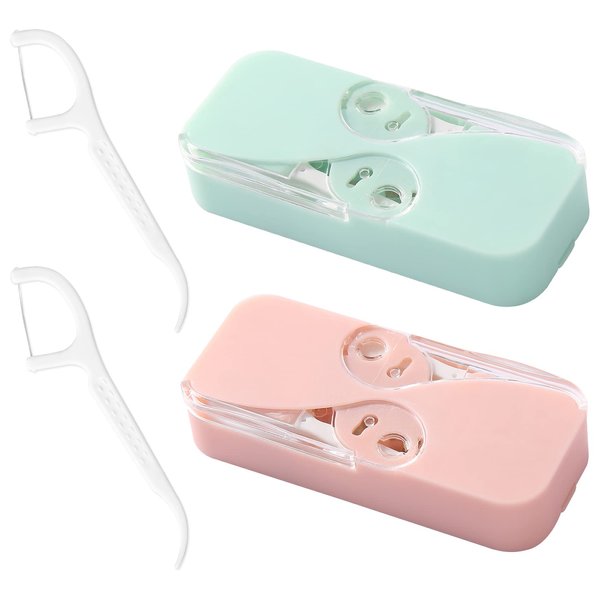 JIBIACB Dental Floss Portable Case/ Dispenser Automatic Dental Floss Picks Cases for Teeth Cleaning,Specialized Floss (Pink+Green)