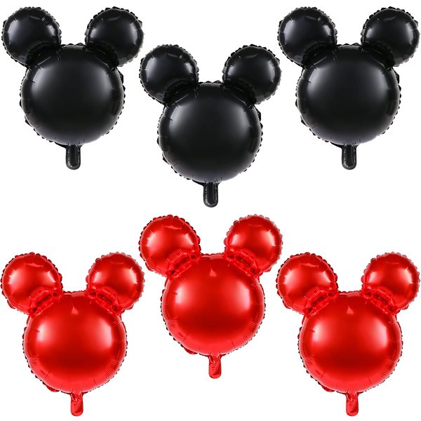 6 Pcs Mouse Head Balloons, 24'' Mouse Mylar Balloon Jumbo Mouse Head Aluminum Foil Balloons for Birthday Party Decorations Baby Shower Supplies Party Favors (BlackRed)