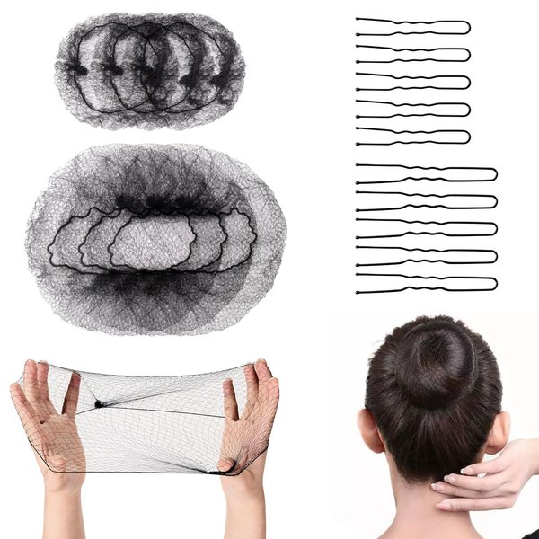 Hair Nets for Ballet Buns,40Pcs Invisible Hair Nets with 100Pcs U Shaped Hair Pins for Buns Dance Ballet Bun Hair Net Set Elastic Edges Mesh Hairnets Invisible Ballet Hair Net for Women(Black)