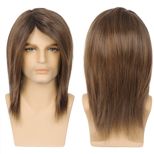 Tseses Mens Long Brown Wig Straight Brown Side Part Wig Synthetic Heat Resistant Hair Wigs Male Guys Daily Party Costume