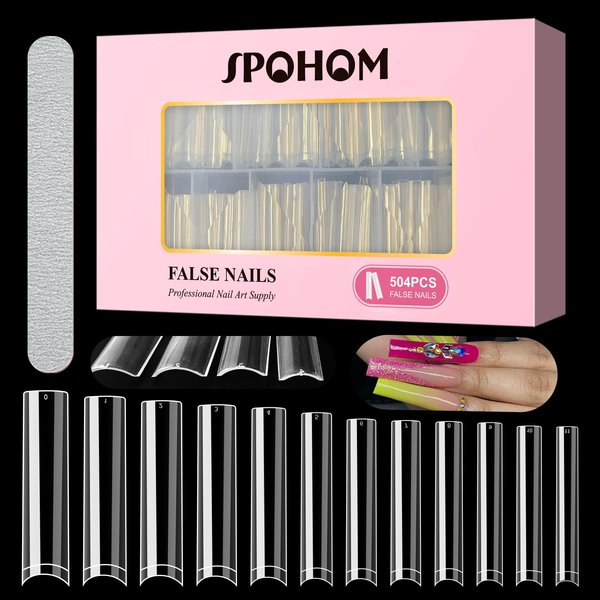 Spohom 504pcs No C Curve Nail Tips for Acrylic Nails Professional, 3XL Extra Long Clear Nail Tips Half Cover Square Shape, 12 Sizes Straight Tapered Square Fake Acrylic Nail Tips For Nail Extension Nail Art, Salon&Home DIY
