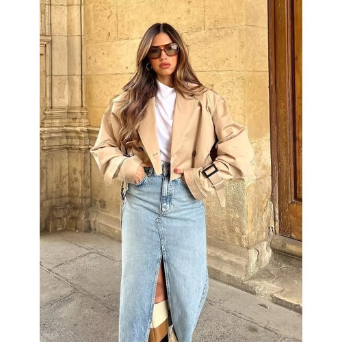 Faleave Womens Cropped Jacket Long Sleeve Belted Trench Coat Solid Color(Khaki-L)