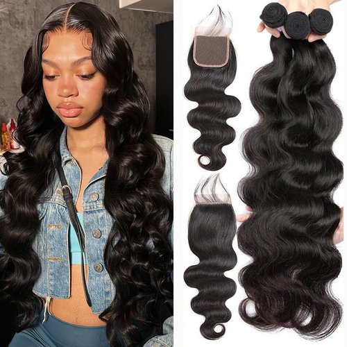 Releek Body Wave Bundles with Closure Brazilian Virgin Ocean wave Human Hair 3 Bundles with 4x4 Lace Closure with Baby Hair Free Part (16 18 20+14) Inch Body Wave Raw Human Hair Extensions