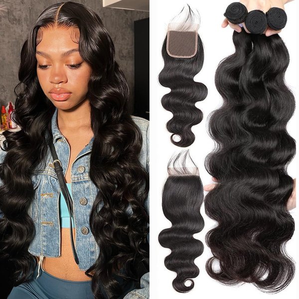 Releek Body Wave Bundles with Closure Brazilian Virgin Ocean wave Human Hair 3 Bundles with 4x4 Lace Closure with Baby Hair Free Part (16 18 20+14) Inch Body Wave Raw Human Hair Extensions
