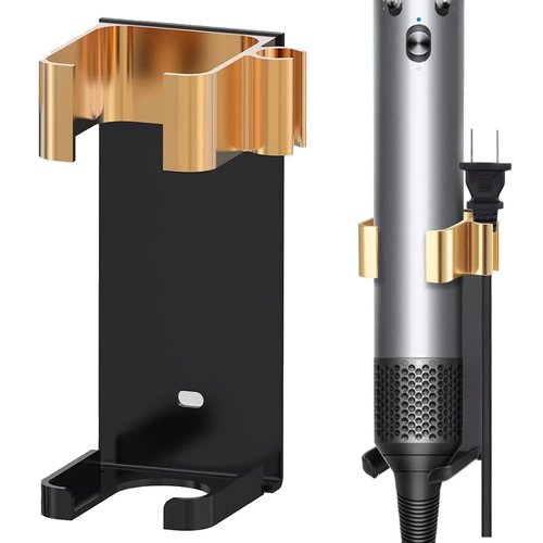 Amersis Wall Mount Holder for Dyson Airwrap Styler Hair Curling Iron Barrels, Metal Organizor Storage Rack Suitable for Various Curly Hair Sticks,Aluminum (Black&Golden)