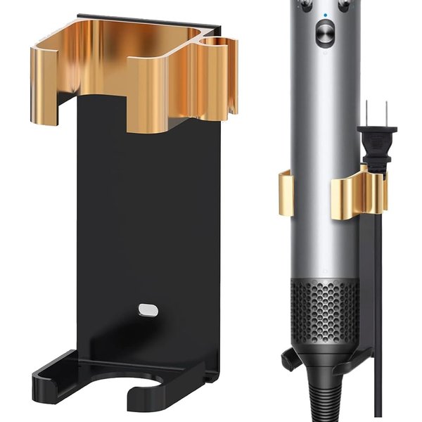 Amersis Wall Mount Holder for Dyson Airwrap Styler Hair Curling Iron Barrels, Metal Organizor Storage Rack Suitable for Various Curly Hair Sticks,Aluminum (Black&Golden)