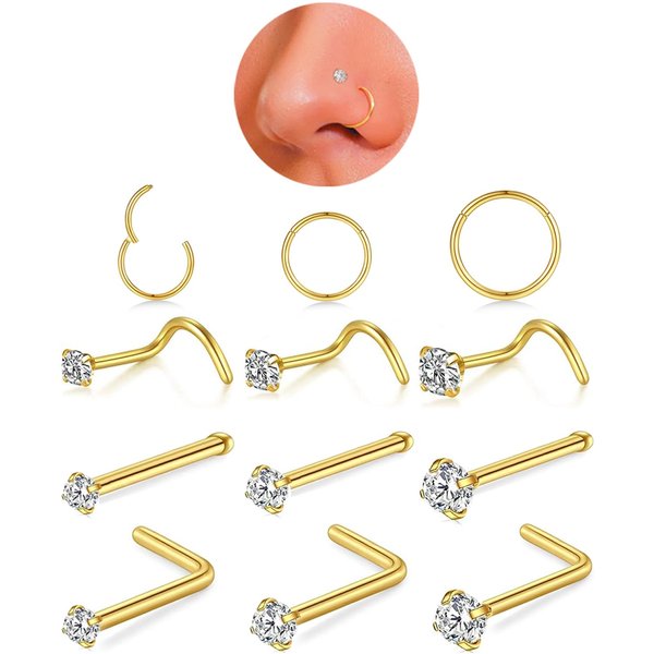 AMASIS 12 Pcs 20G Hypoallergenic 316L Surgical Stainless Steel Nose Rings Hoops Gold Nose Piercings Jewelry L Shape Nose Rings Corkscrew Nose Rings Studs 1.5/2/3mm CZ Sets for Women Men