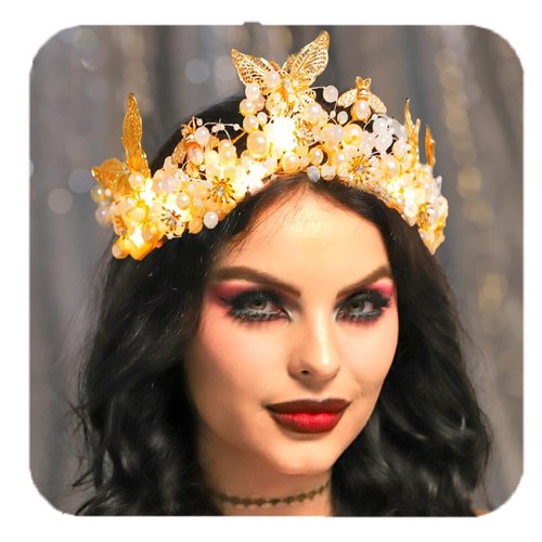 GORTIN Butterfly Wedding Crown Gold Light up Headband Pearl Princess Headpiece Bridal Tiara Hair Accessories for Women and Brides
