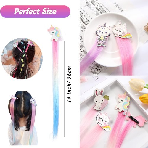 6 Set Hair Extensions Clip - Carton Straight Curly Hair Extensions Clips, Cute Unicorn Accessories Hair Extensions for Kids Ponytails Girls, Rainbow Thick Wig Clip in Fake Bangs (Curly Hair 02)