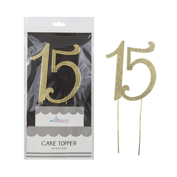 Mega Crafts Sparkly Gold Rhinestone Number 15 Cake Topper Decoration | Shimmering Gold Crystals & Durable Alloy Metal | For Birthdays, Anniversaries, Centerpieces, Party Favors, Celebrations & More