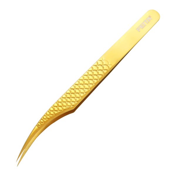 FEITA Diamond Grip Eyelash Extensions Tweezer Lash Precision Tweezers, Japanese Steel Dolphin-shaped Tip, False Lashes Application Tools, Gold 1Pc