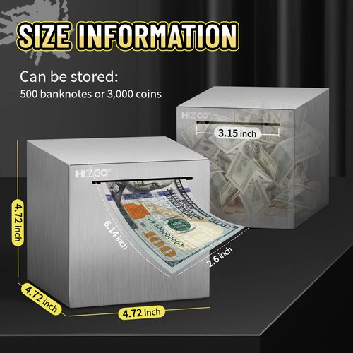 hizgo Piggy Bank for Adults Stainless Steel Savings Bank to Help Budget and Save Must Break to Access Money（4.72 inch）