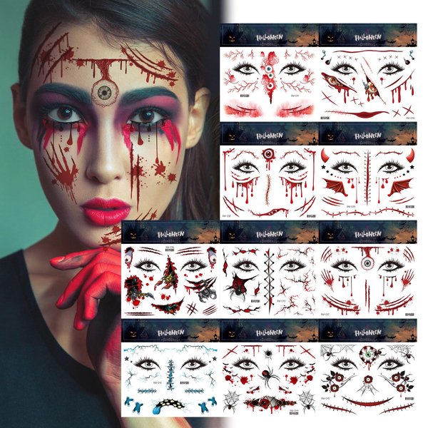Halloween Prank Makeup Temporary Tattoo, 10 PCS Halloween Temporary Face Tattoos for Adults, Halloween Mouth Tattoos Stickers, Horror Clown Fake Face Scars Wound Tattoo Makeup Kit for Cosplay Party