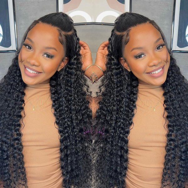 Glueless Wigs Human Hair Pre Plucked 5x5 HD Lace Closure Wigs Human Hair Glueless Wear And Go Deep Wave Lace Front Wigs Human Hair Curly Human Hair Wigs For Black Women (Black, 24 Inch, Curly)