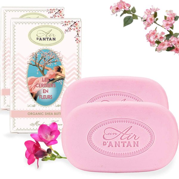 Un Air d'Antan Set of 2 Hand & Body Soap Bars - Cherry Blossom Soaps For Women Organic Shea Butter Organic Argan Oil Natural Hand Soap - French Soap - 2 Bath Soap Bars - Mom Gifts