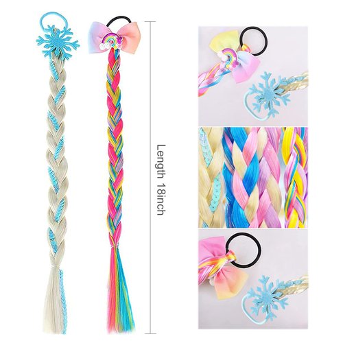6Pcs Girls Colored Braids Hair Extensions with Rubber Bands, Rainbow Braided Hairpieces Hair Bows Wig Ponytails Kids Favor DIY Hair Accessories for Girls Gift Birthday Party Cosplay Daily Dress Up