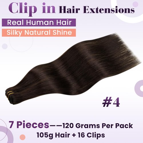 LaaVoo Hair Extensions Clip ins Real Human Hair Brown Clip on Hair Extensions Human Hair Brown Clip in Hair Extensions Real Human Hair for Women Silky Straight 18 Inch #4 7Pcs 120G