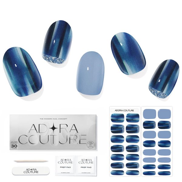 Adora Couture Semi Cured Gel Nail Strips |30pcs Blue Glossy with Glitter & Reverse French Reserve Gel Nail Sticker Nail Wraps for Women | Gel Stickers for Nails UV Light Required (England Royal)