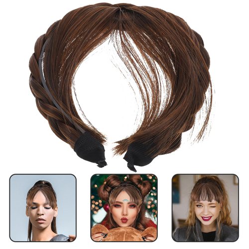 OSALADI Bang Hair Bands Synthetic Headband Wig with Bangs Front Hair Bangs Headband Braided Hair Hoop for Women, front hair extensions Light front hair bangs Brown headband bangs