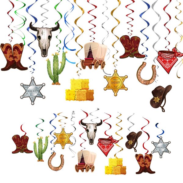 TMCCE 44 PCS Wild West Cowboy Western Hanging Swirls Foil Western Party Decoration Western Cowboy Theme Party Photography Backdrop Supplies 44Ct