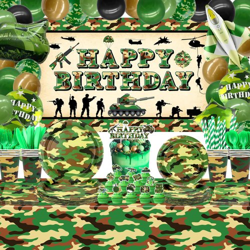 Camo Birthday Party Decoration, Army Party Supplies, Plates Cups Napkins Camo Tablecloth Happy Birthday Backdrop Balloons Cake Toppers for Boy Camouflages Hunting Military Party Supplies (Backdrop)
