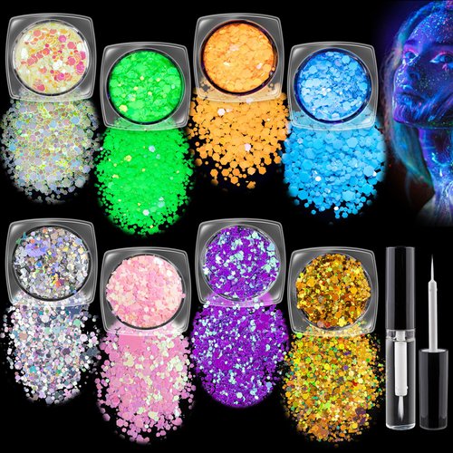 Chunky Glitter and Glow in The Dark Glitter 8 Colors with Glue Set 2, Holographic Body Glitter + Glow Glitter for Women Face Body Nail Hair Sparkle Makeup at The Concert/Festival/Rave Party