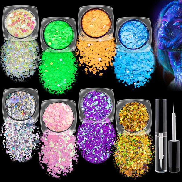 Chunky Glitter and Glow in The Dark Glitter 8 Colors with Glue Set 2, Holographic Body Glitter + Glow Glitter for Women Face Body Nail Hair Sparkle Makeup at The Concert/Festival/Rave Party