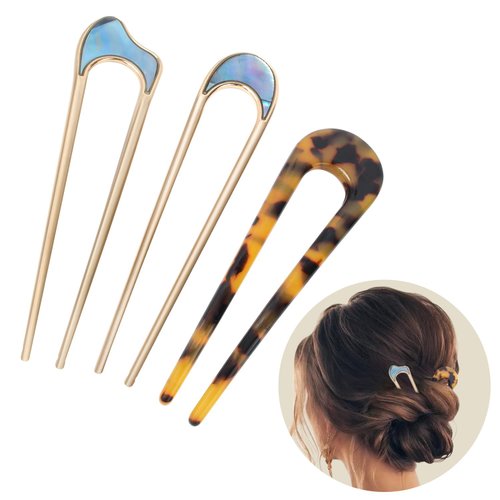 3 Piesces Metal U Shaped Hair Pins for Women, 4.3 Inch French Hair Pins for Buns Vintage Hairstyle Hair Clips Updo Chignon Pins for Girls Tortoise Shell Hair Fork for Thin Thick Hair