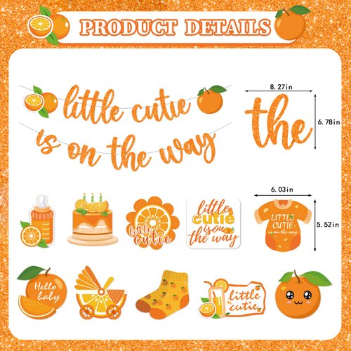 Refavor Little Cutie Baby Shower Decorations - 16pcs Orange Party Decorations 2pcs Glitter Baby Shower Banners 14pcs Orange Hanging Swirls Little Cute is on the Way Birthday Party Decor Supplies