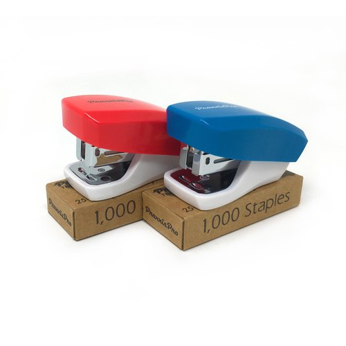 PraxxisPro Desk Accessories - Aria Premium Mini Stapler Set - with Built-in Staple Removers, 2000 Standard Staples Included - for Office, School, and Travel, Set of 2, Blue & Red