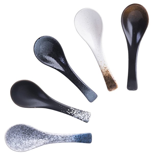 HUTNUOY Japanese Ramen Soup Spoons, Ceramic Asian Soup Spoon for Ramen Noodles Udon Pho Rice 5 Pcs