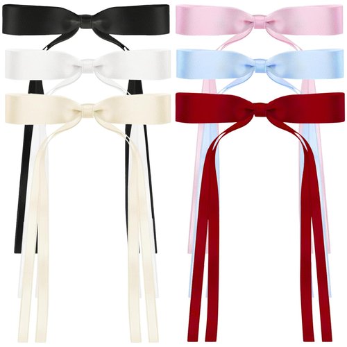 6PCS Long Tail Design Bowknot Barrettes with Tassel Ribbon and Solid Metal Claw Clip, Perfect Hair Accessories for Women and Girls (Black White Beige Pink Blue Wine Red)