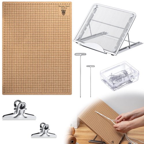 Tandefio 104 Pcs 12x16 Inch Macrame Board and Metal Adjustable Holder with T Pins Clips Macrame Supplies Double Sided Grids Macrame Project Board Macrame Tools for Braiding Cording Bracelet Creating