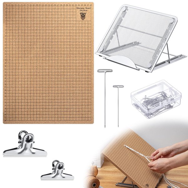 Tandefio 104 Pcs 12x16 Inch Macrame Board and Metal Adjustable Holder with T Pins Clips Macrame Supplies Double Sided Grids Macrame Project Board Macrame Tools for Braiding Cording Bracelet Creating