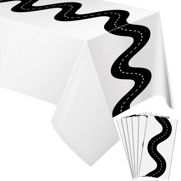 Irenare 6 Pcs Racing Table Cloths Car Birthday Party Supplies 54 x 108 Inch Racetrack Table Runner Covers Disposable Rectangular Road Tablecloth for Kids Boy Car Theme Birthday Party Decor (White)