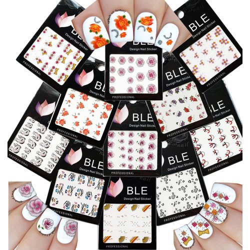 Elegant Water Slide Tattoo Stickers for Nail Art - Abstract, Hearts, Flowers, Bows, Feathers, & More - Pack of 11