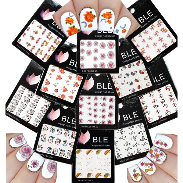 Elegant Water Slide Tattoo Stickers for Nail Art - Abstract, Hearts, Flowers, Bows, Feathers, & More - Pack of 11