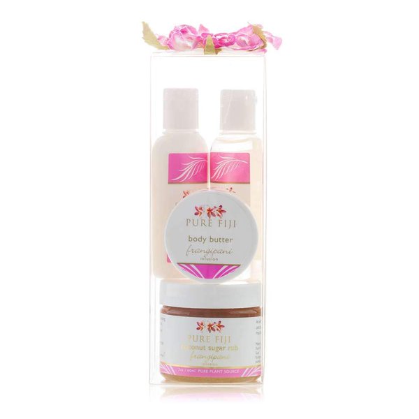 Pure Fiji Spa Gifts for Women and Man - Body Gift Box Include: Sugar Scrub , Bath and Body Oil, Body Butter and Body Lotion, Scent Frangipani