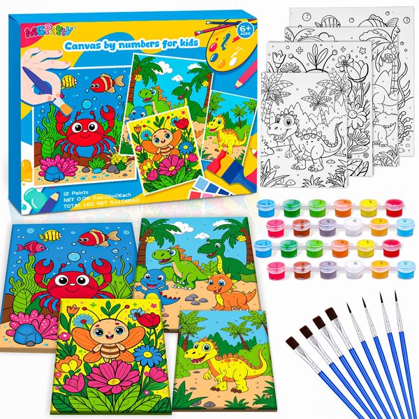 MGparty 4 Pack Paint by Numbers for Kids, Pre-Drawn Canvas Painting Kit, Includes 12 Paints and 8 Brushes, DIY Painting for Classroom Games Home Wall Decor, Kids' Paint by Number Kits
